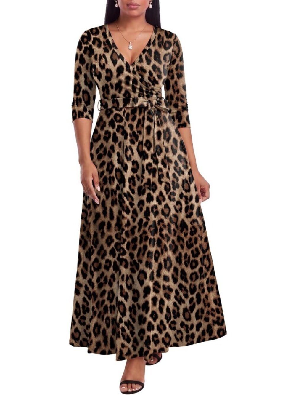 Plus Size Casual Maxi Dress for Women - Summer V-Neck Sundress with 3/4 Sleeves